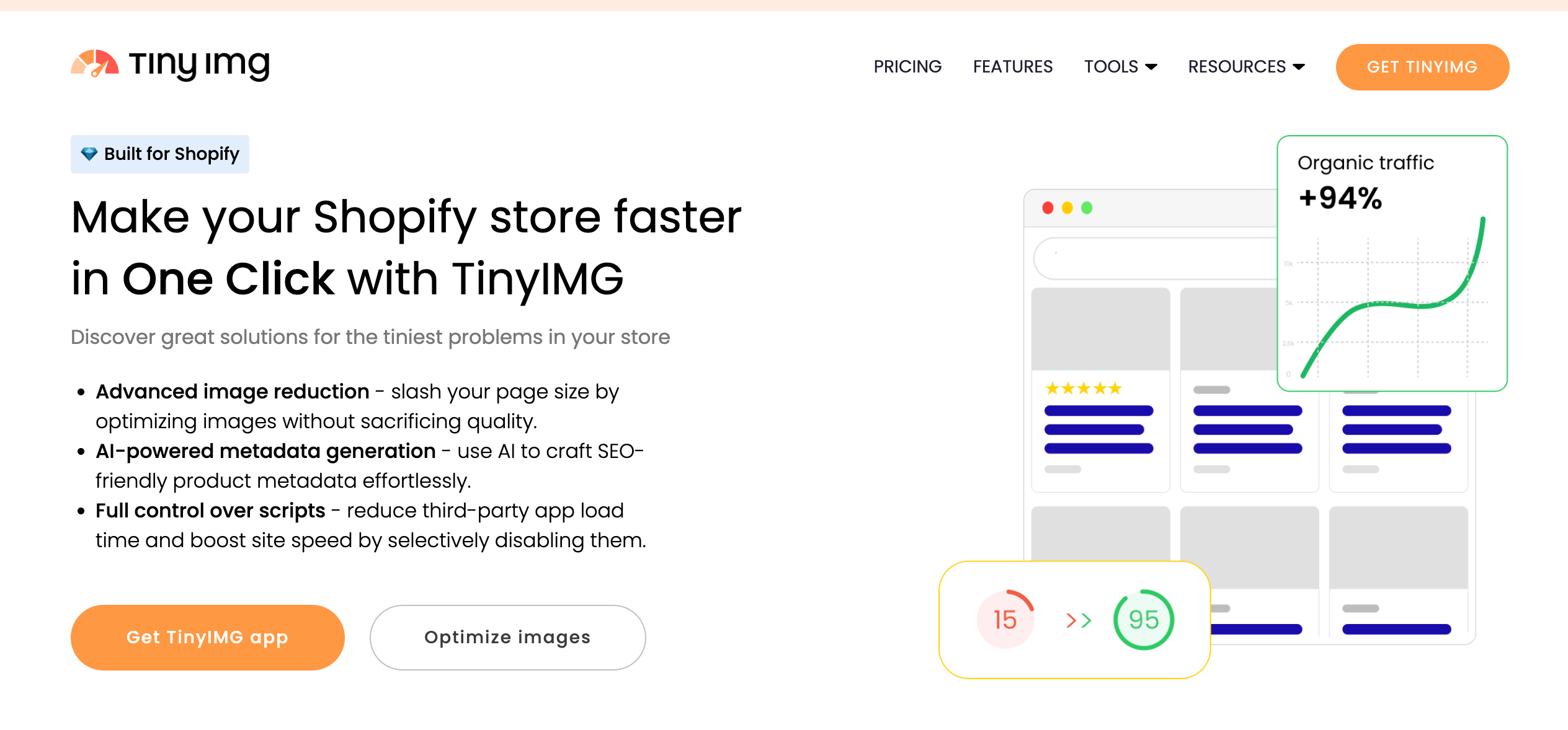 TinyIMG Shopify SEO app dashboard showing image compression and optimisation features