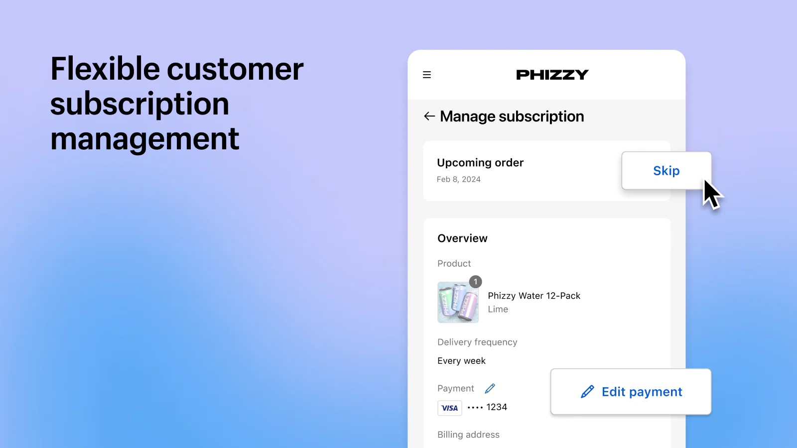 Custom Shopify subscription implementation showing branded customer portal and subscription management interface