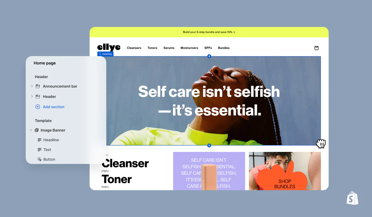 Shopify store setup and dashboard interface showing ease of use features