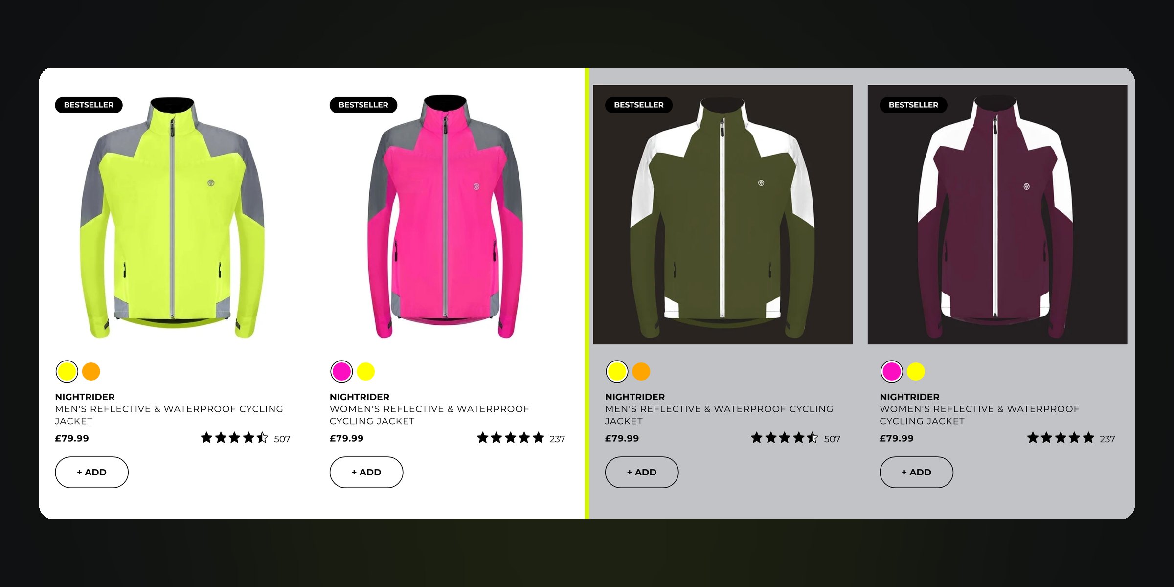 Proviz Nightrider jackets side by side in day mode and NIGHT MODE