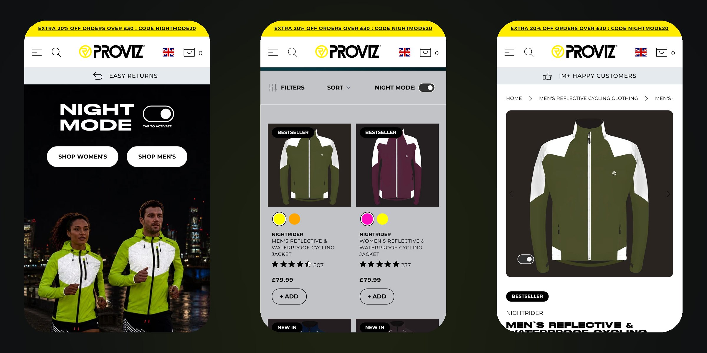 NIGHT MODE across the Proviz homepage, collection page and product page on mobile